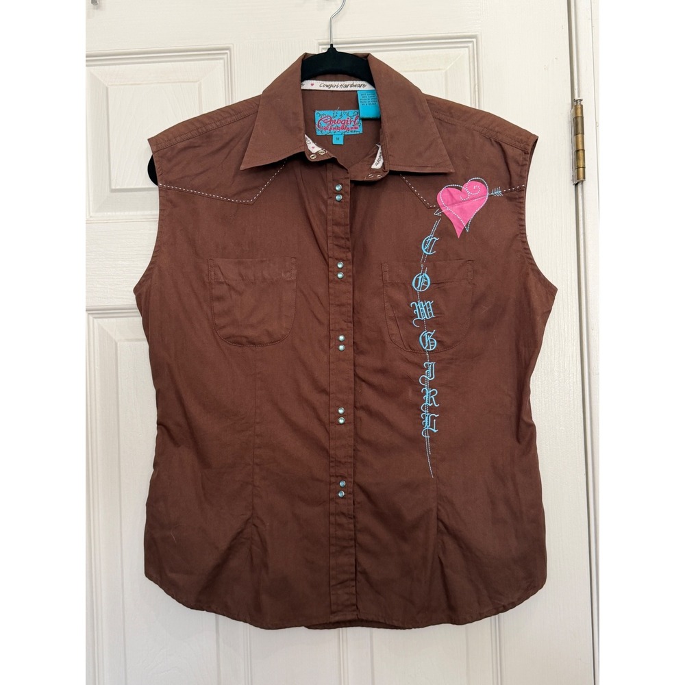 Cowgirl Hardware Brown Western Sleeveless Snap Shirt Heart Embroidery Medium